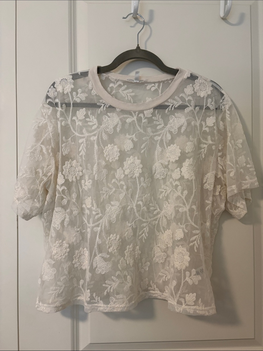Maurices White Sheer Floral Embroidered Short Sleeve Top